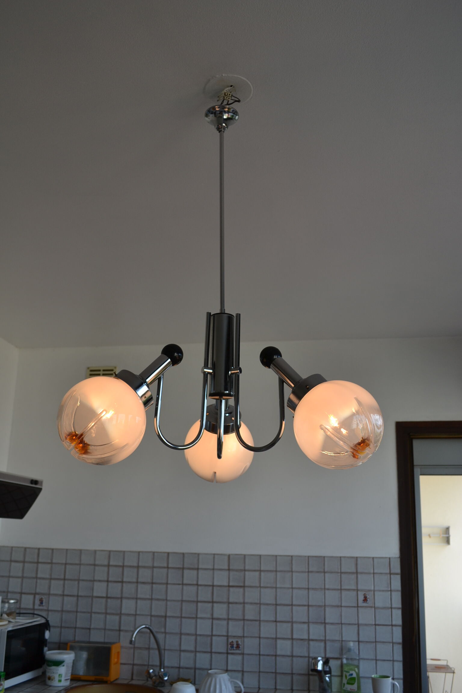 Chrome chandelier 3 glass balls from the 70s 80s
