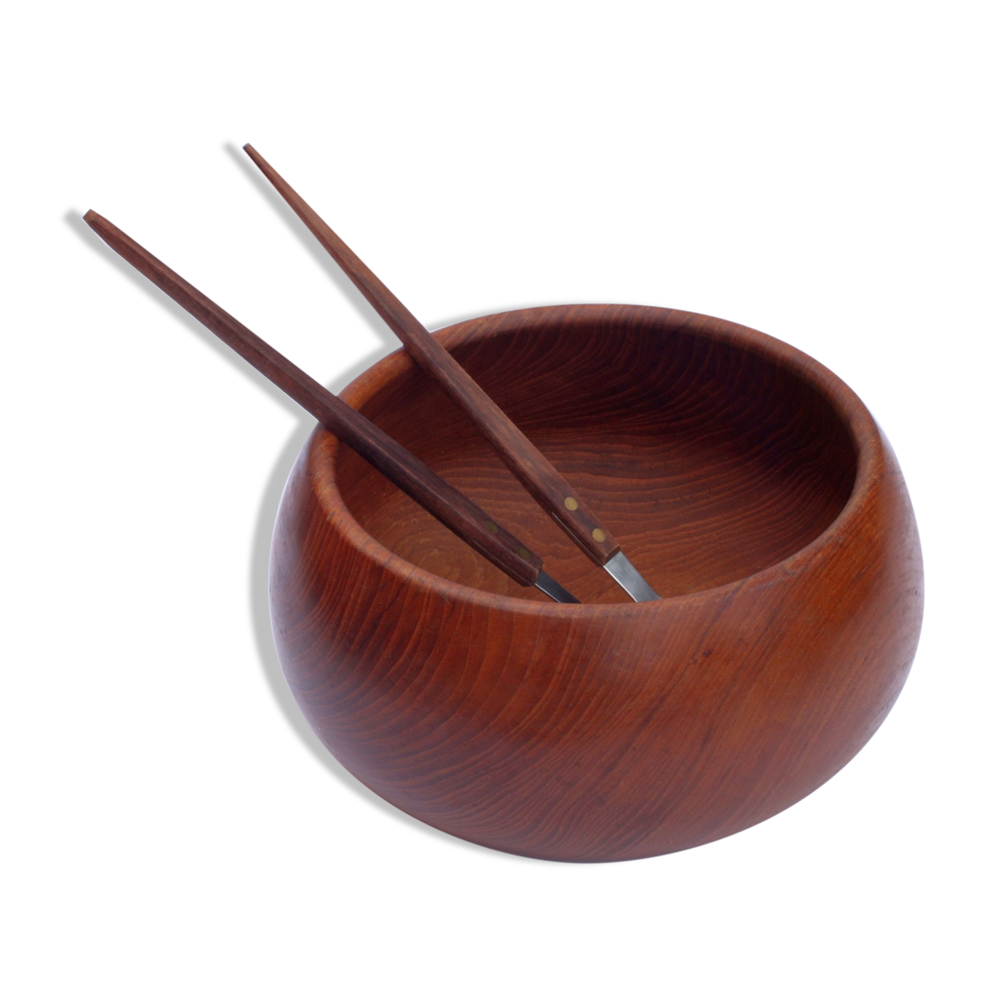 Teak wooden salad bowl and serving spoons, 1970s