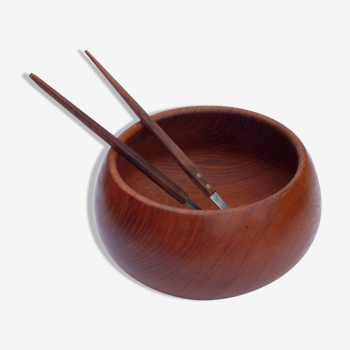 Teak wooden salad bowl and serving spoons, 1970s