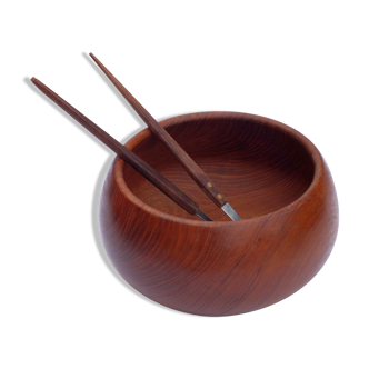 Teak wooden salad bowl and serving spoons, 1970s