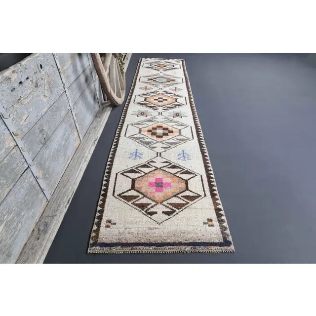 Vintage Turkish Oushak Handmade Wool Cotton White Runner Rug 81x363