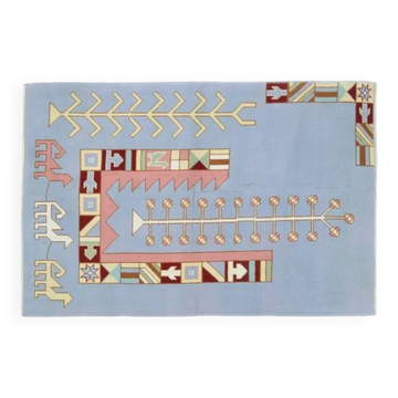 1970s Vintage Turkish Handmade Wool & Cotton Blue Area Rug 116x178