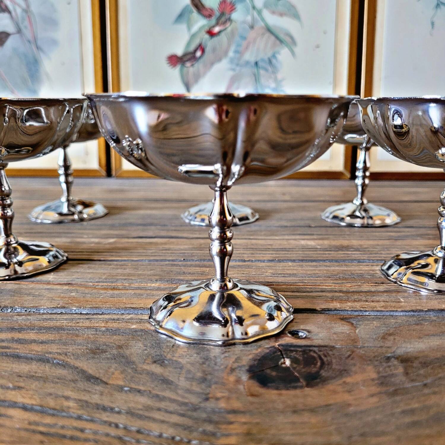 6 vintage stainless steel ice cream cups, flower shape