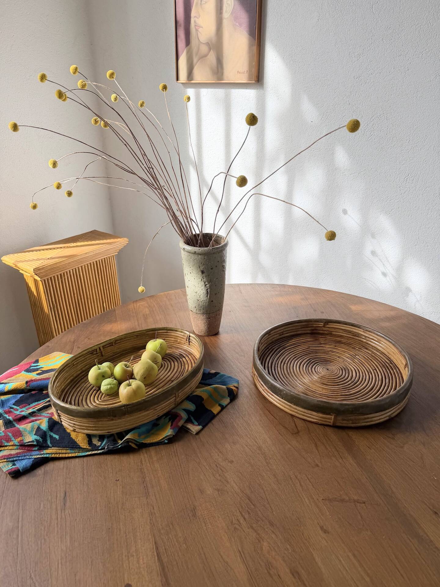 Round rattan and brass trays 1970 by Gabriella Crespi