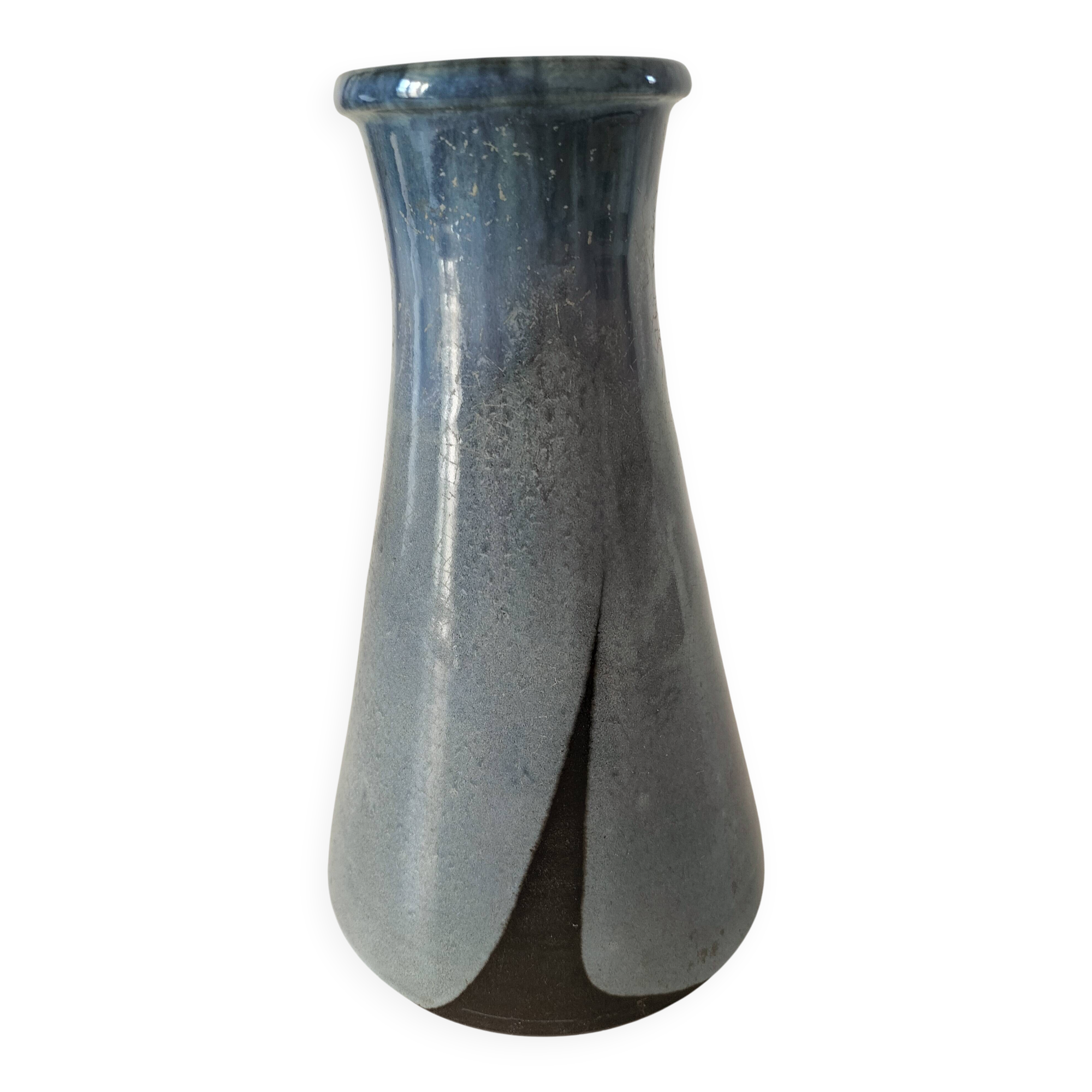 Glazed blue ceramic vase, Puisaye spirit, signed.