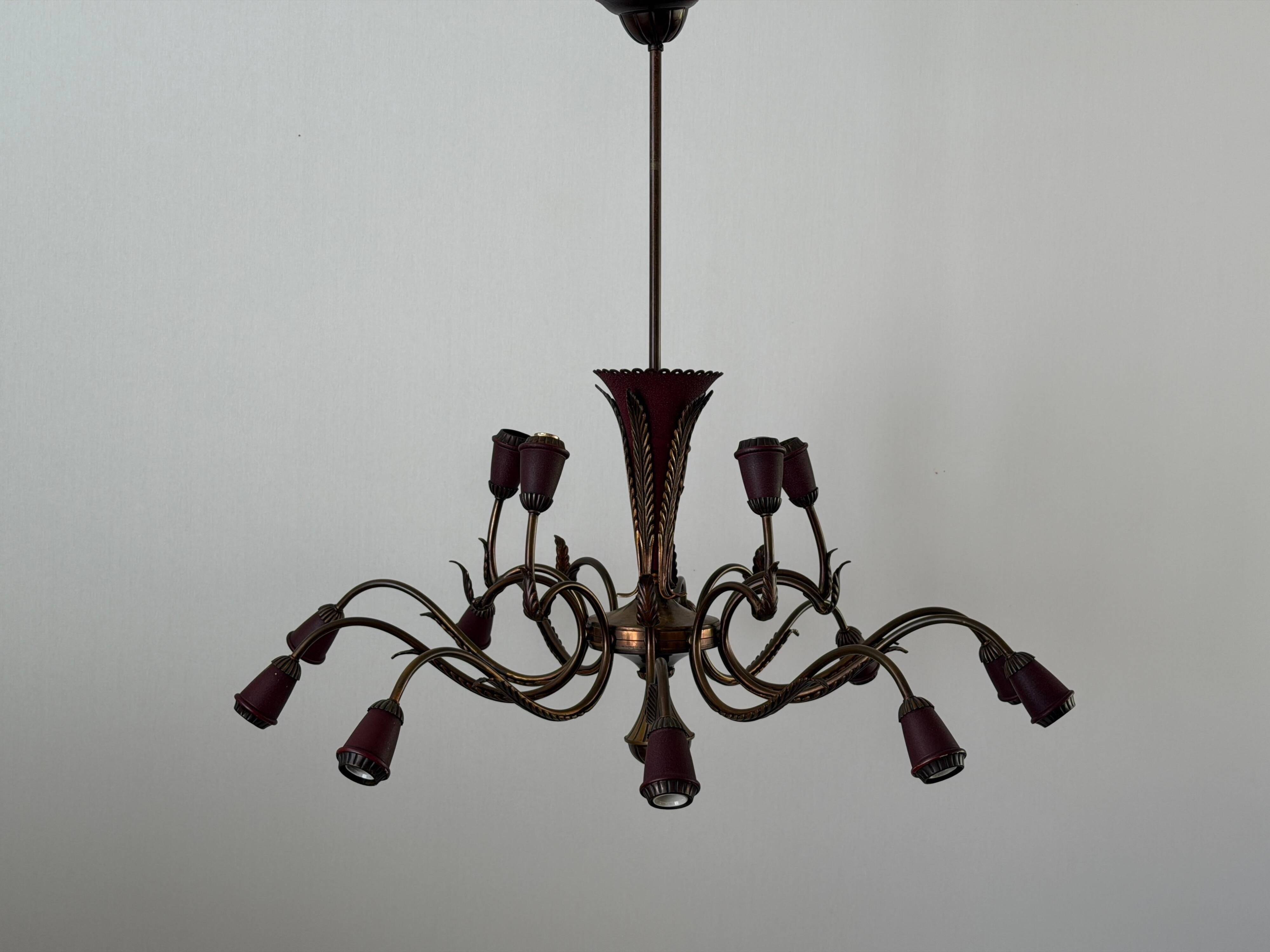Large Burgundy brass chandelier with 15 arms, 1950, Italy