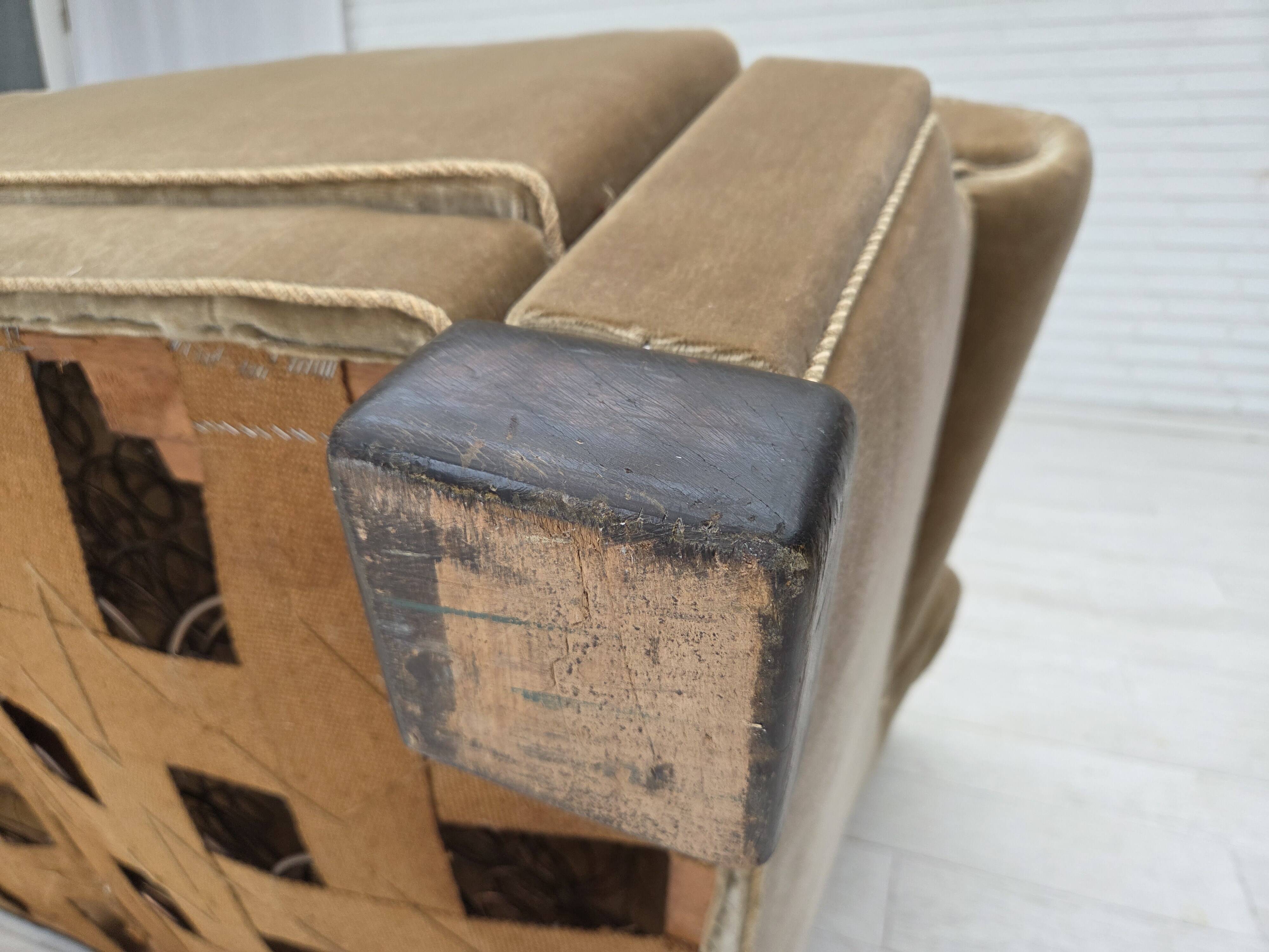 1960s, Danish 3-seater sofa, green furniture velour, oak wood legs.