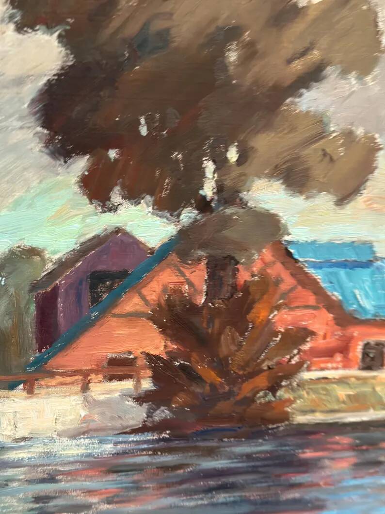 Original Swedish Oil on Panel - "Coastal Village" by Helge Andersson - Dated 1965 - Framed - 86 × 64 cm