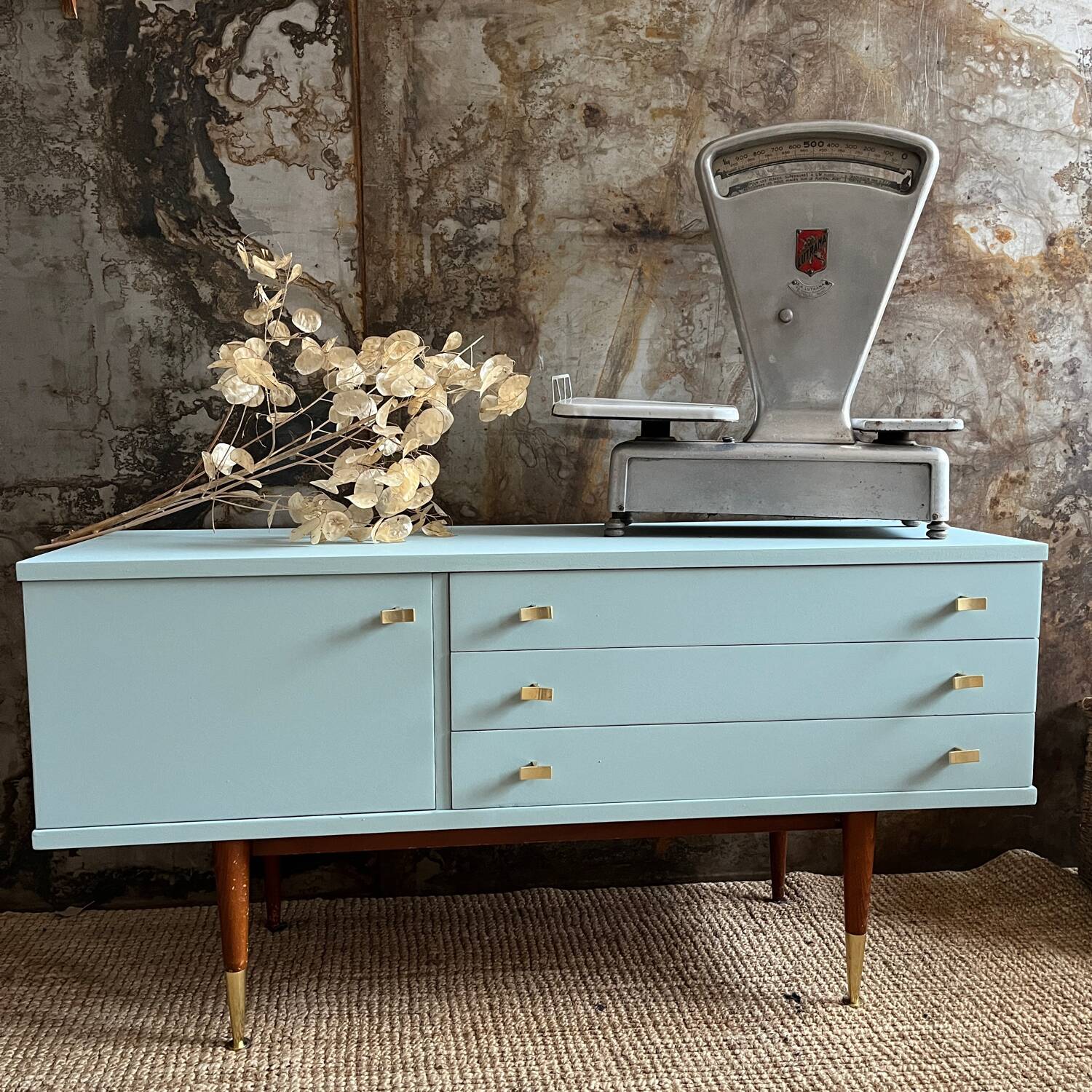 Seventies freshwater blue and brass sideboard