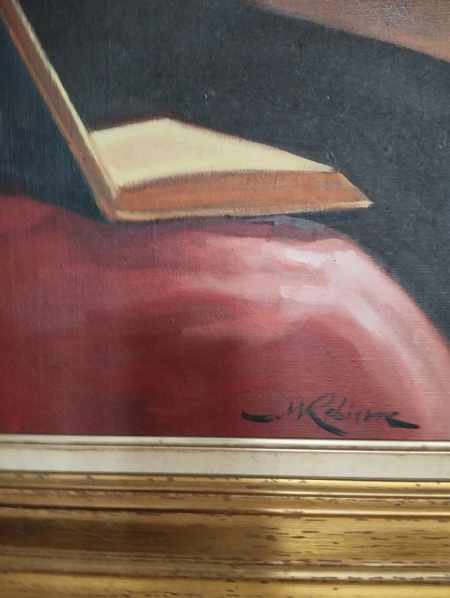 Marc REBIERRE "The Reader in the Red Dress" oil on canvas signed and framed