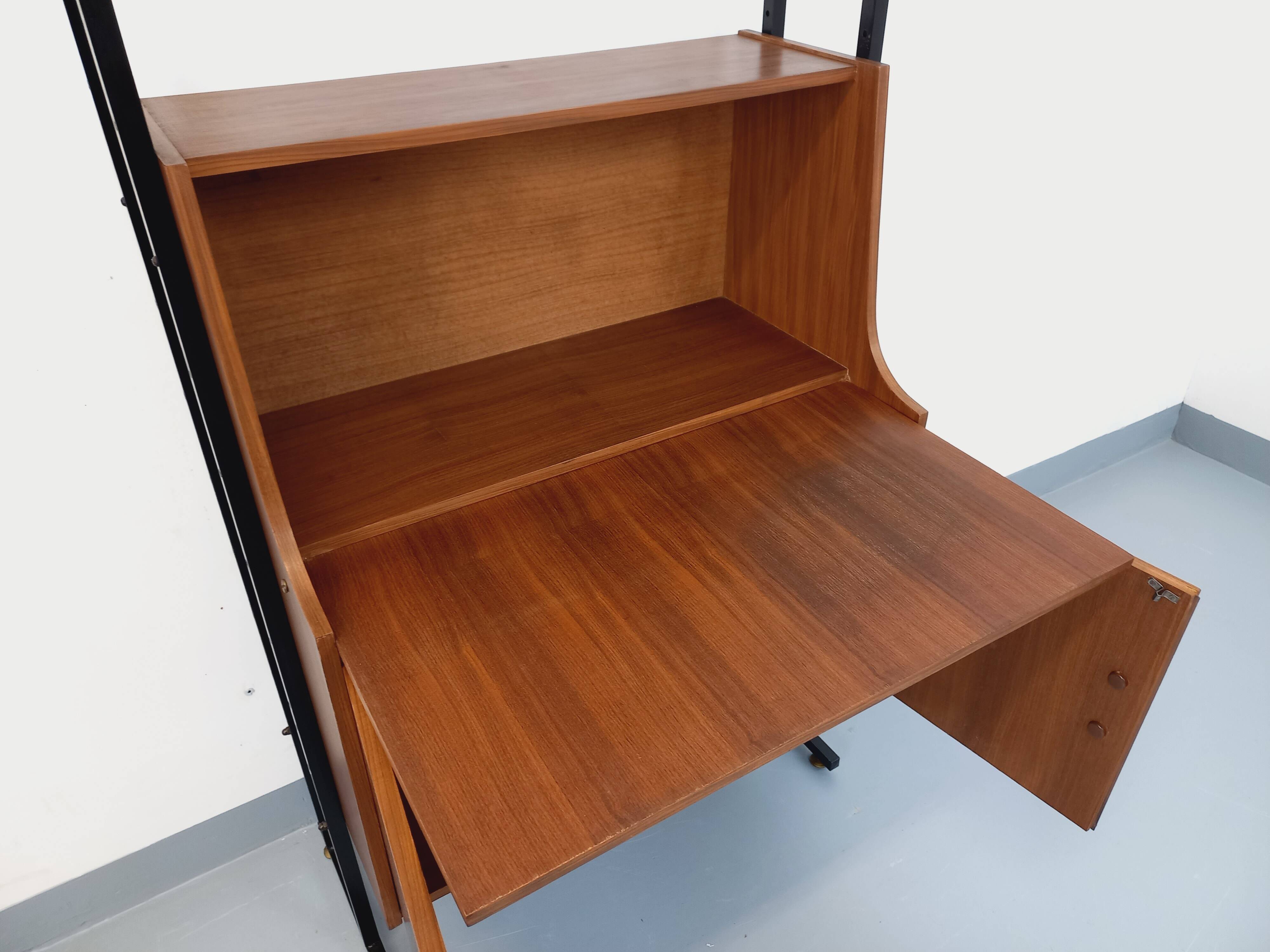 Vintage modular secretary bookshelf in teak and metal.