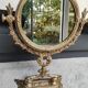 Large round psyche/tilting table mirror, louis xvi/baroque style, in polished patinated brass. 35 x 22 cm