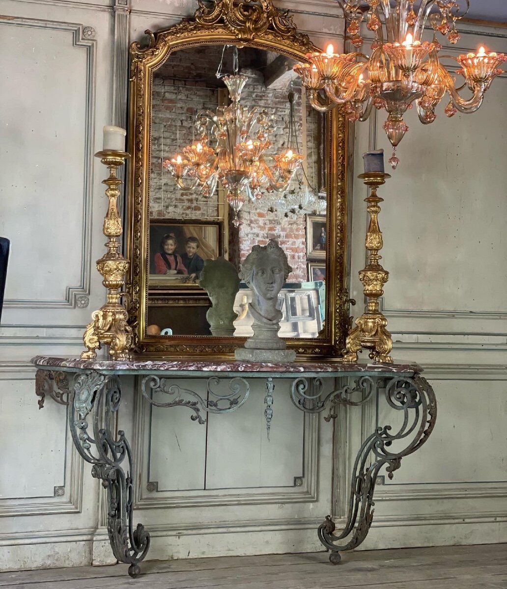 Wrought iron console and its marble, circa 1880