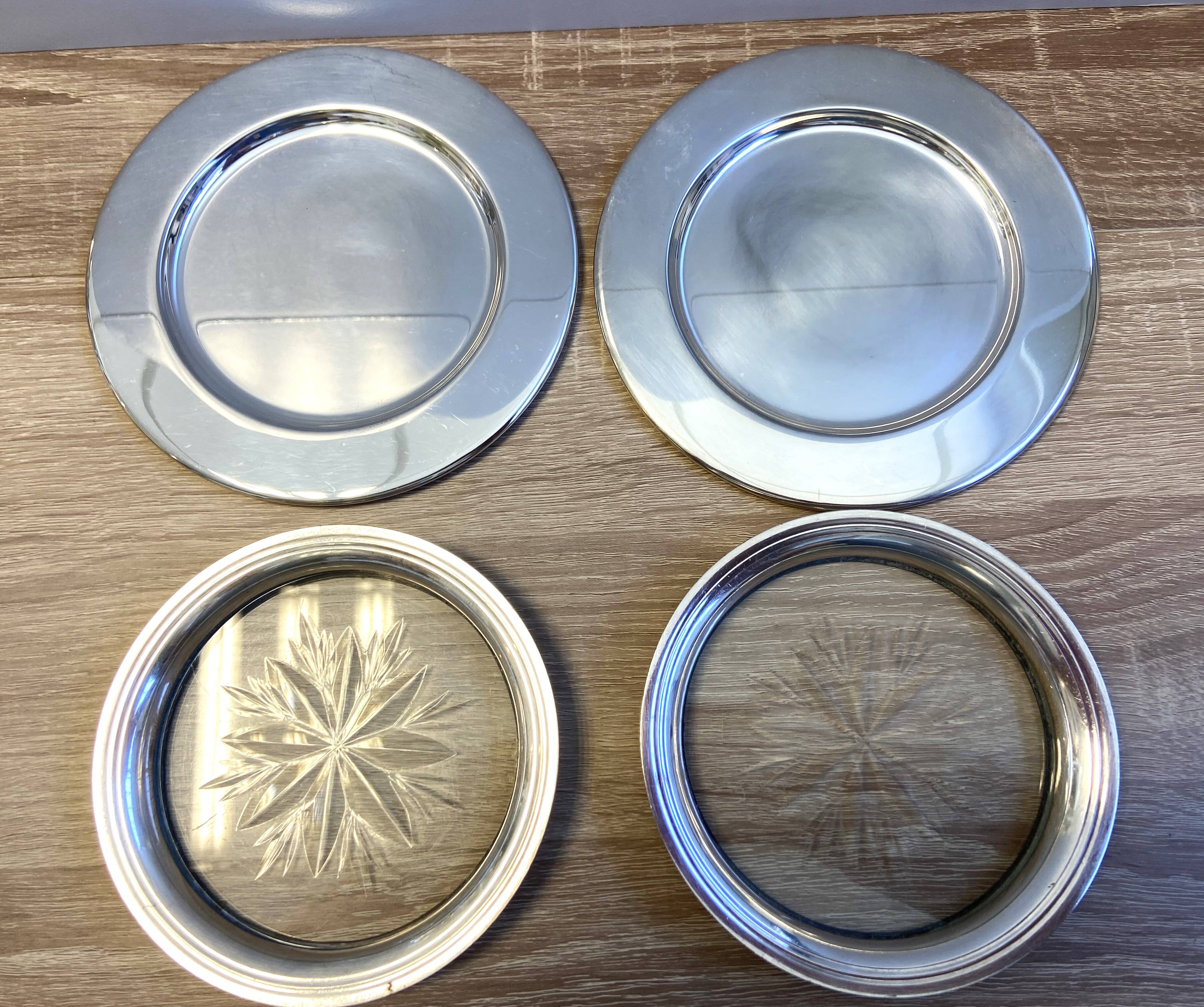 Lot Pair of Silver Metal Bottle & Glass Coasters with Hallmarks