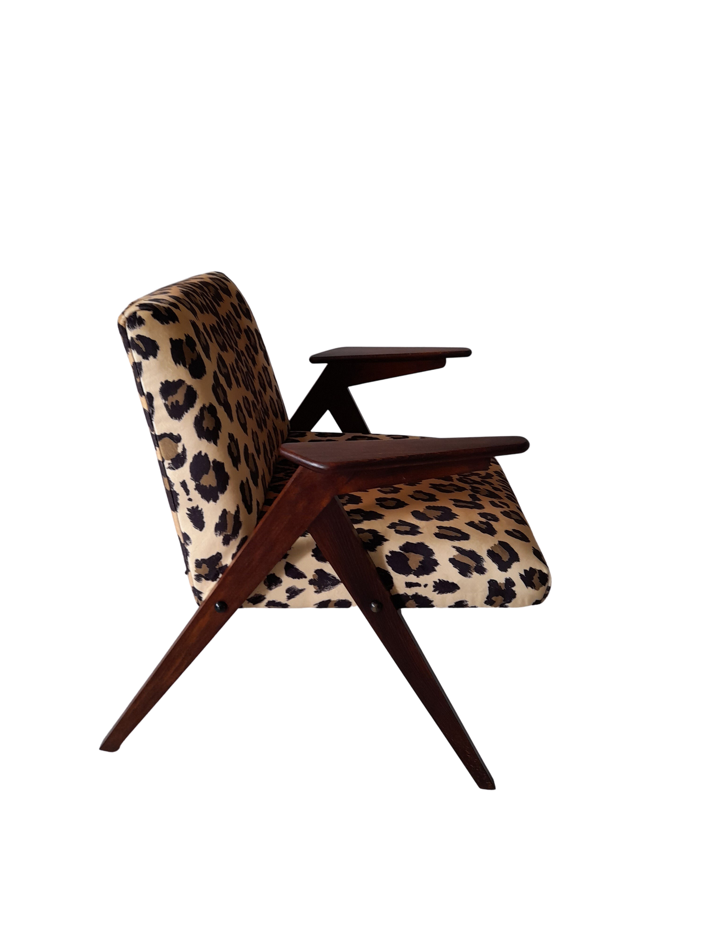 Leopard print velvet bunny armchair from dolnośląskie fabryki mebli, 1960