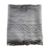 Drap de mariés ancien en fil de lin Blanc Monogramme MN