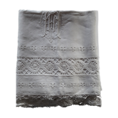 Drap de mariés ancien en fil de lin Blanc Monogramme MN