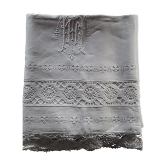 Former bride and groom's sheet in white linen monogram MN