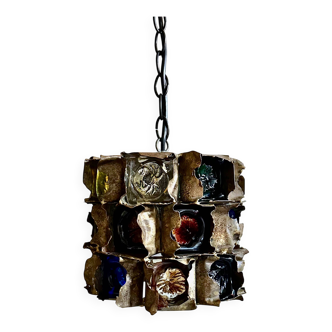 Brutalist Pendant Lamp by Felipe Delfinger in Metal and Colored Glass, 1970