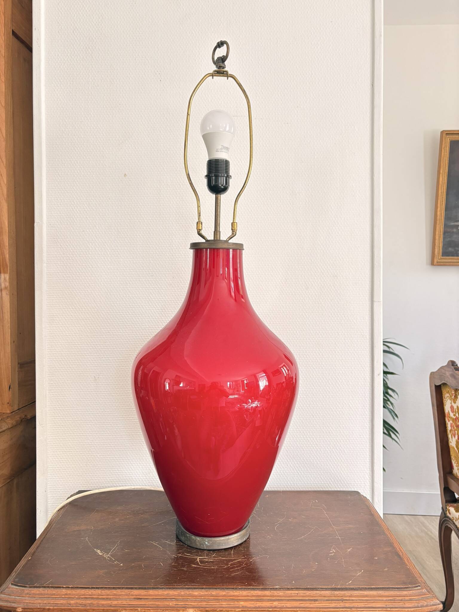 Large Bottle Lamp Opaline Glass Red Mid Century Vintage 80cm