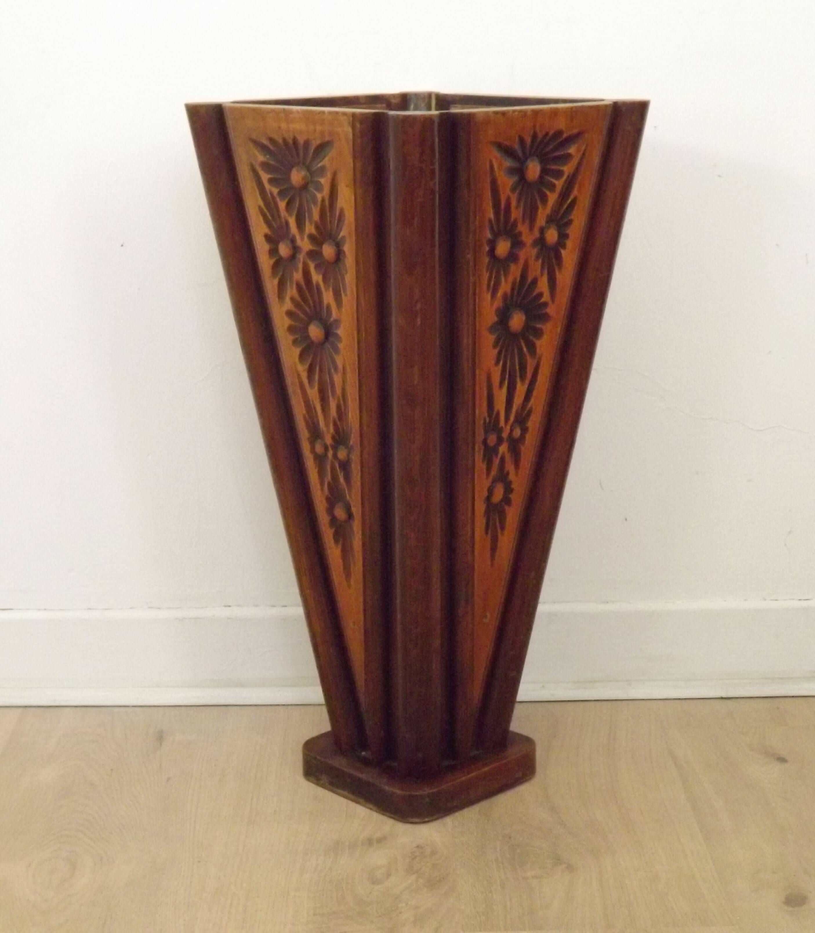 French antique oak tin-lined hand-carved umbrella stand with flower decoration.