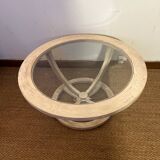 Oval patinated wood and beveled glass coffee table