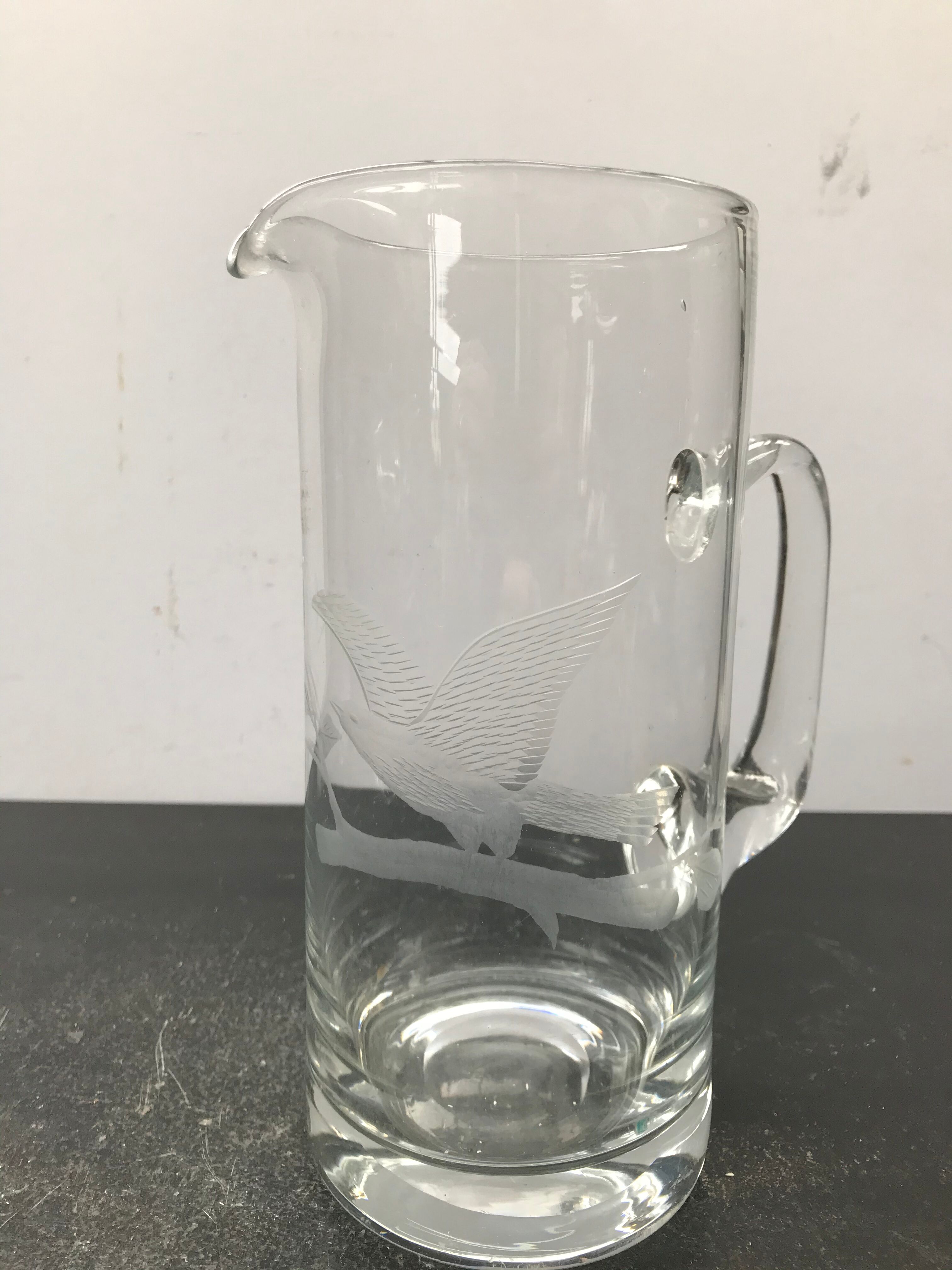Former Pitcher Carafe Glass Blown Transparent - Engraving Eagle Vintage Kitchen