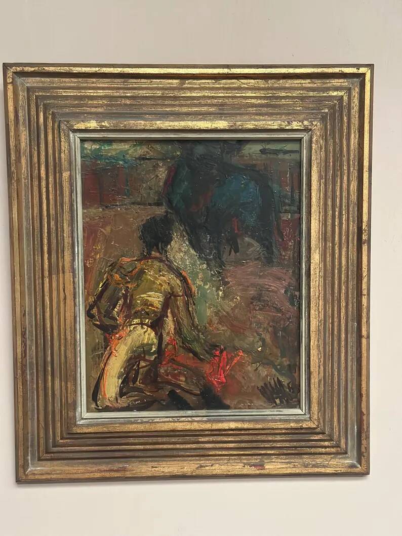 Original Swedish Oil on Panel – "The Bullfight" by Owe Wessbohn – Dated 1953 – Framed Period Piece – 59 × 51 cm