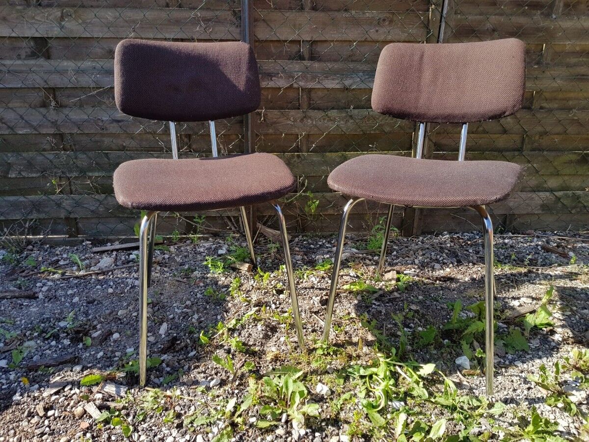 Pair of Vintage 1970s Chrome Metal Chairs with Brown Fabric #D