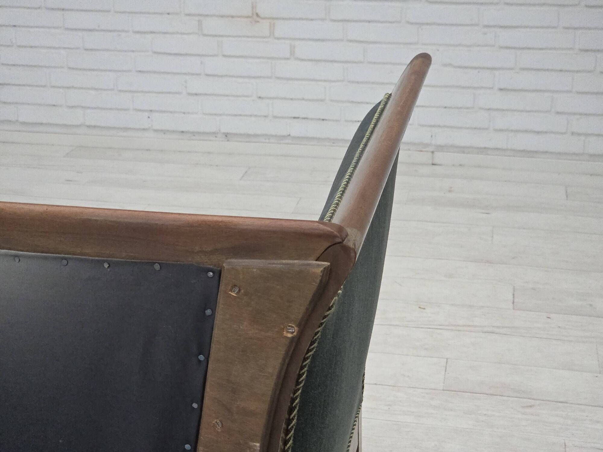1950s, Danish 3-seater sofa, green/blue furniture velour, ash wood.