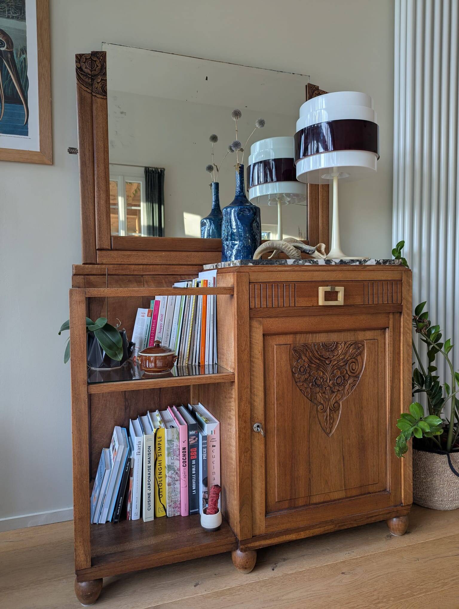 Art Deco wooden furniture with a swivelling mirror and marble top.