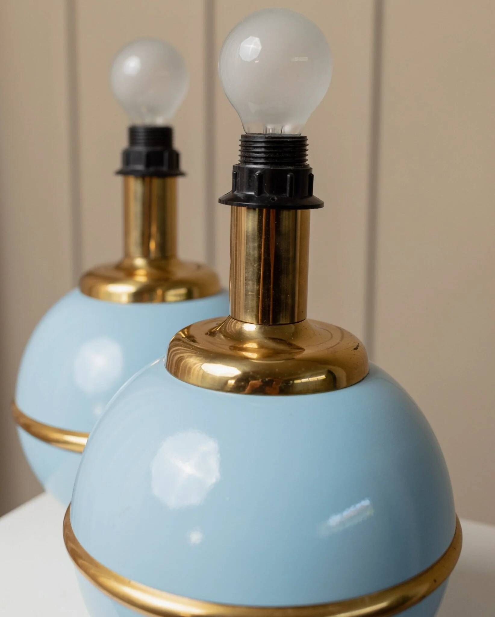 Set of 2 Light-Blue Ceramic Table Lamps with Gold Trim Italy 1980s Hollywood Regency Style
