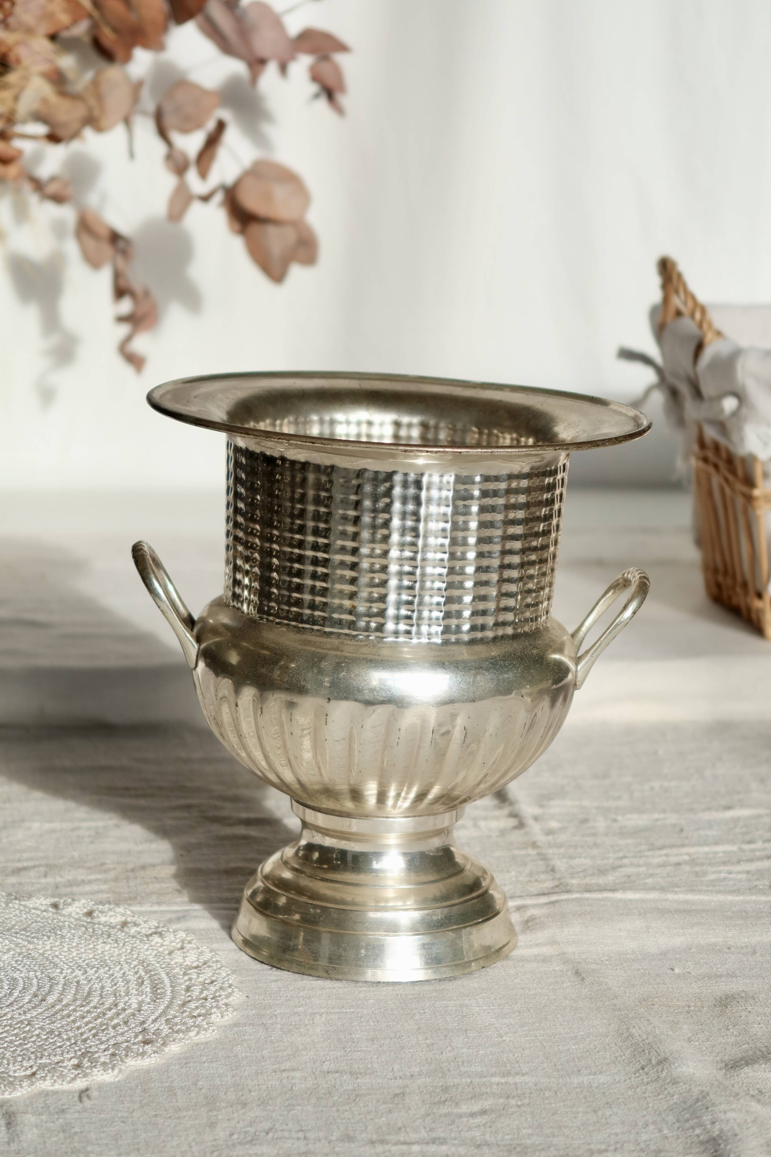 Antique silver-plated metal champagne bucket with handles