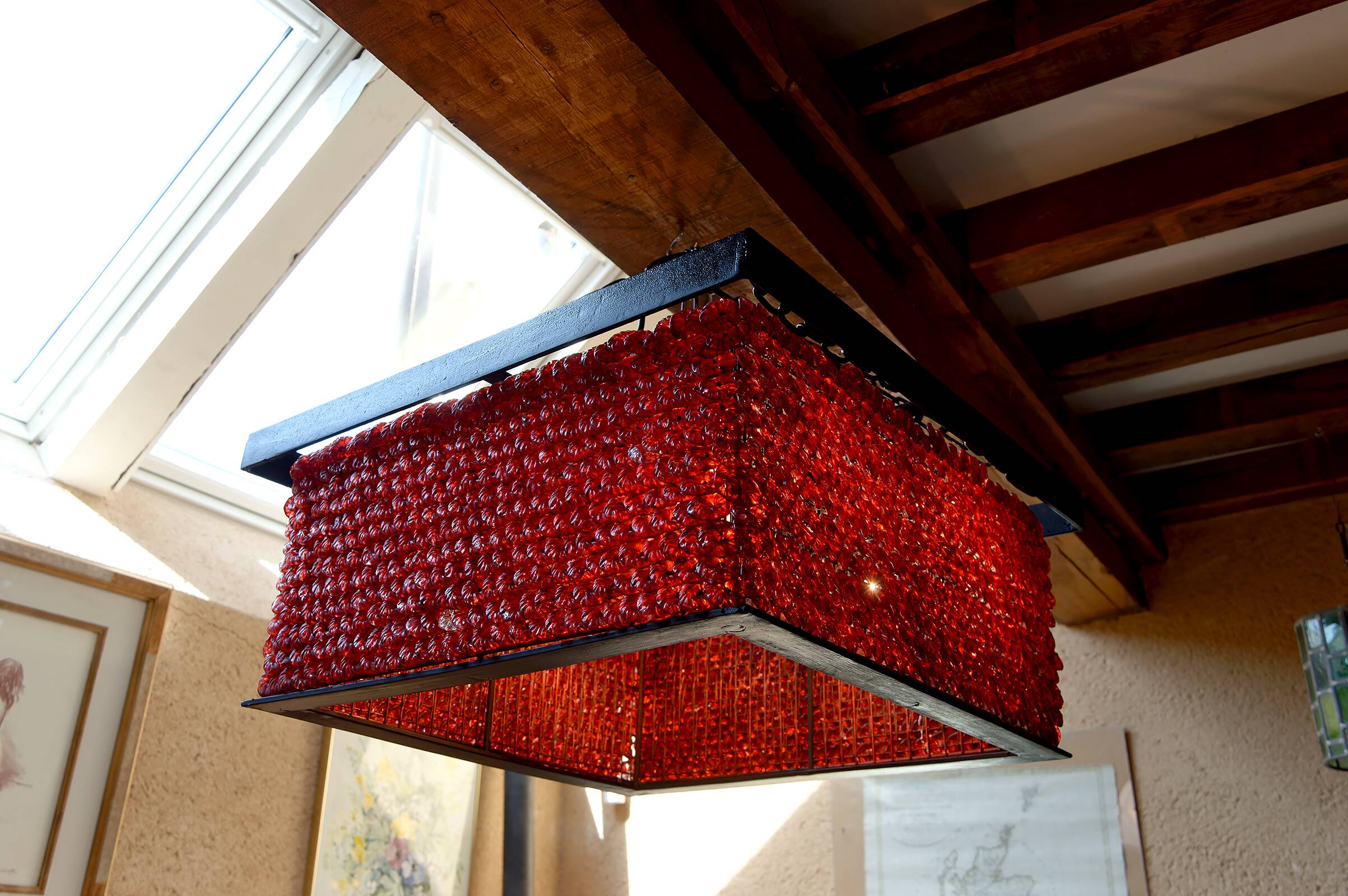 Important Red Glass Bead Chandelier, Murano, Brutalism, c. 1970