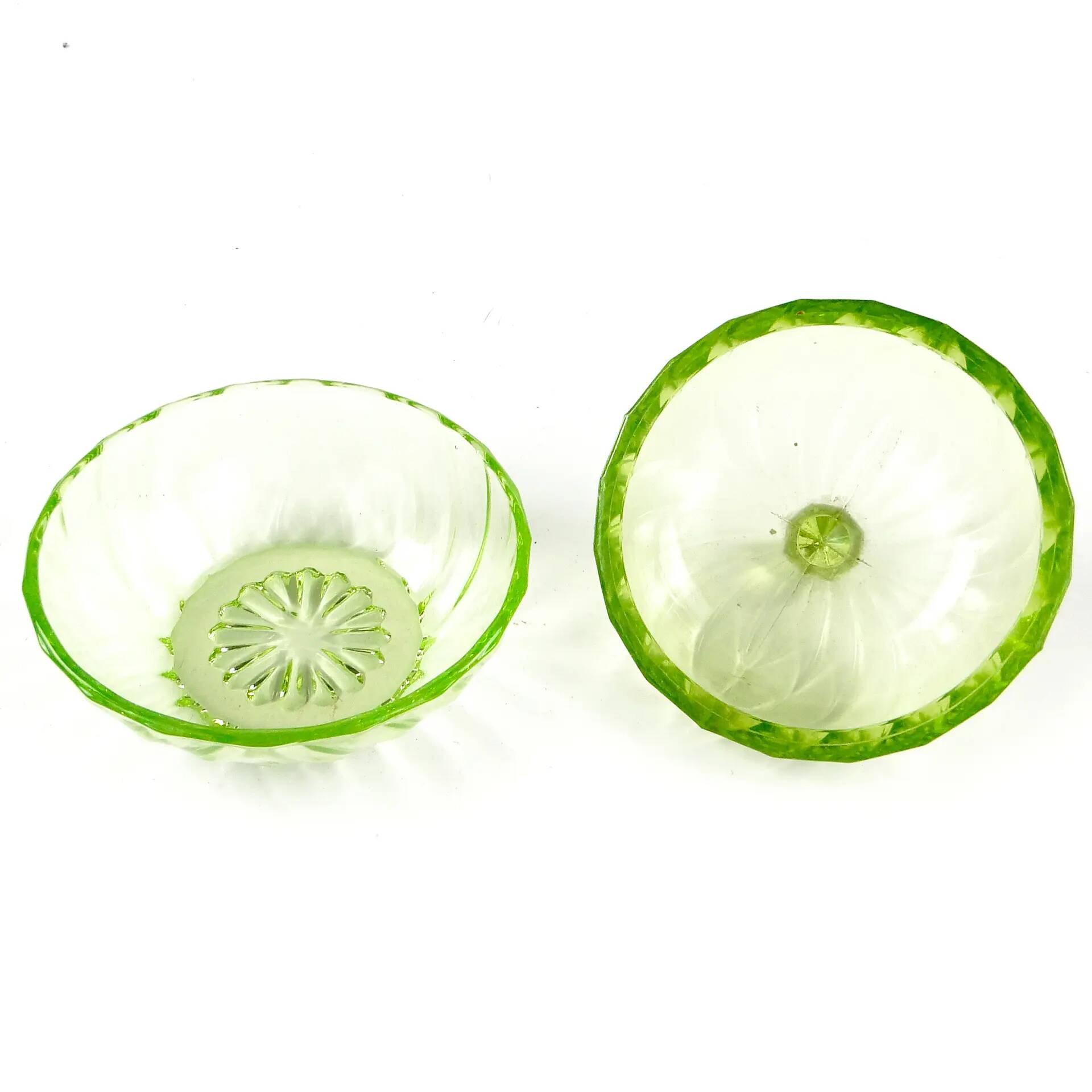 Art Deco bonbonniere with lid, pressed uranium glass, Poland, 1930s