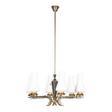 VINTAGE 50'S CHANDELIER IN BRASS AND GLASS ITALIAN DESIGN