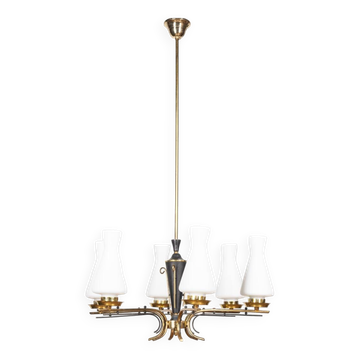 VINTAGE 50'S CHANDELIER IN BRASS AND GLASS ITALIAN DESIGN