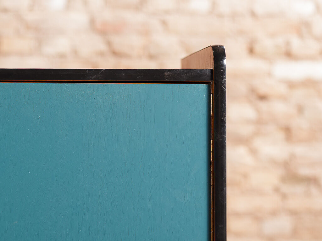Vintage low sideboard restyled in blue with 2 swing doors and wooden base