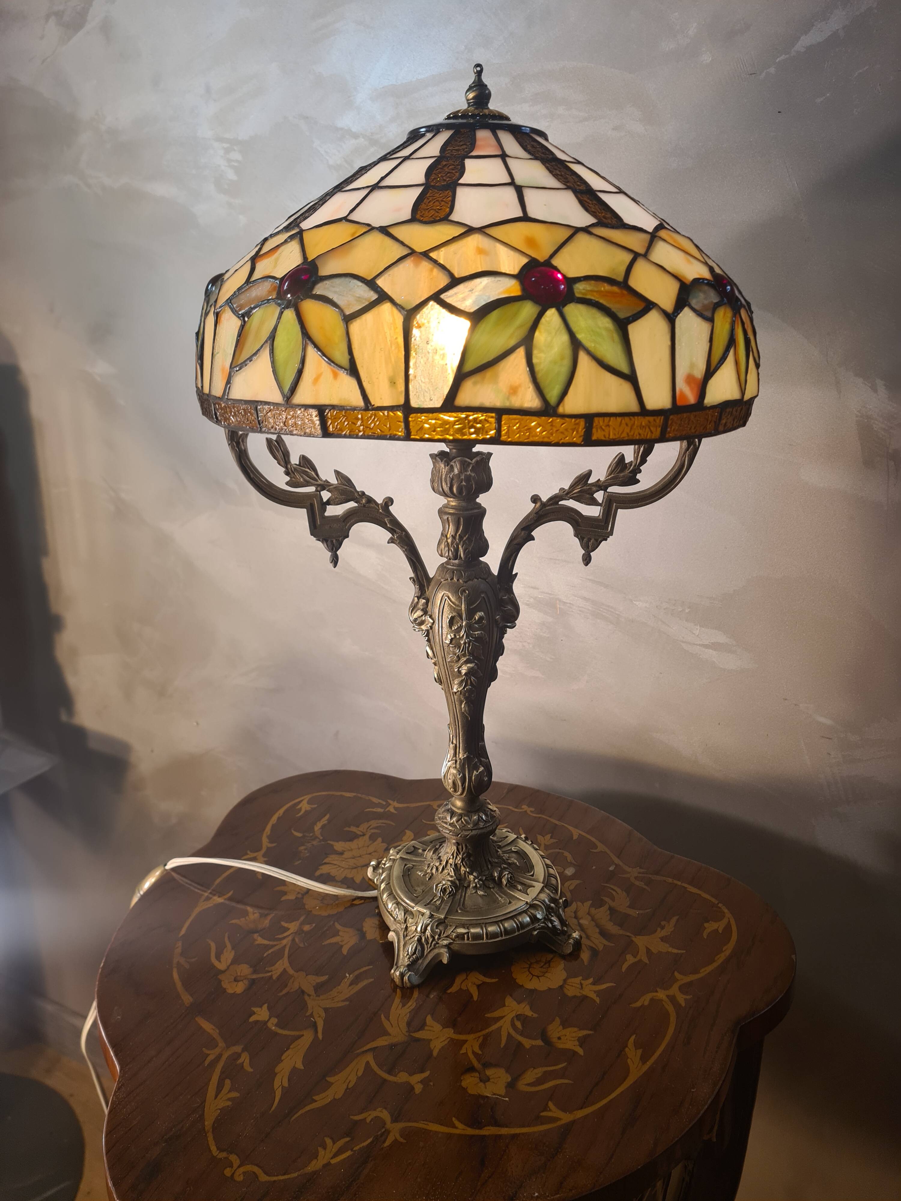 antique 19th century bronze rocaille lamp with a beautiful glass shade soldered with lead