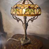 antique 19th century bronze rocaille lamp with a beautiful glass shade soldered with lead