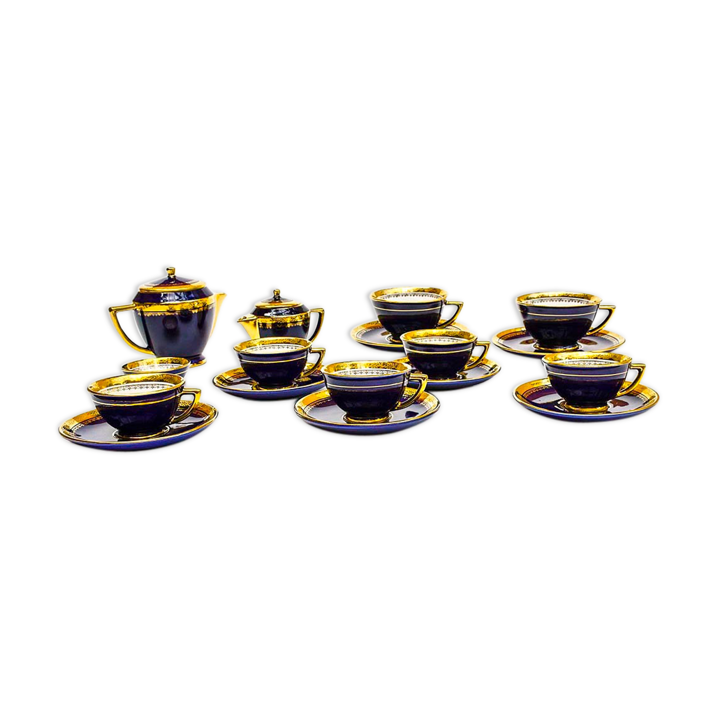 Coffee service Kréma Lafitte Asnières porcelain gold blue ⋆ Brocante Chic