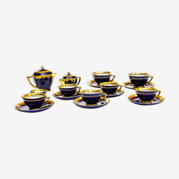 Coffee service Kréma Lafitte Asnières porcelain gold blue ⋆ Brocante Chic