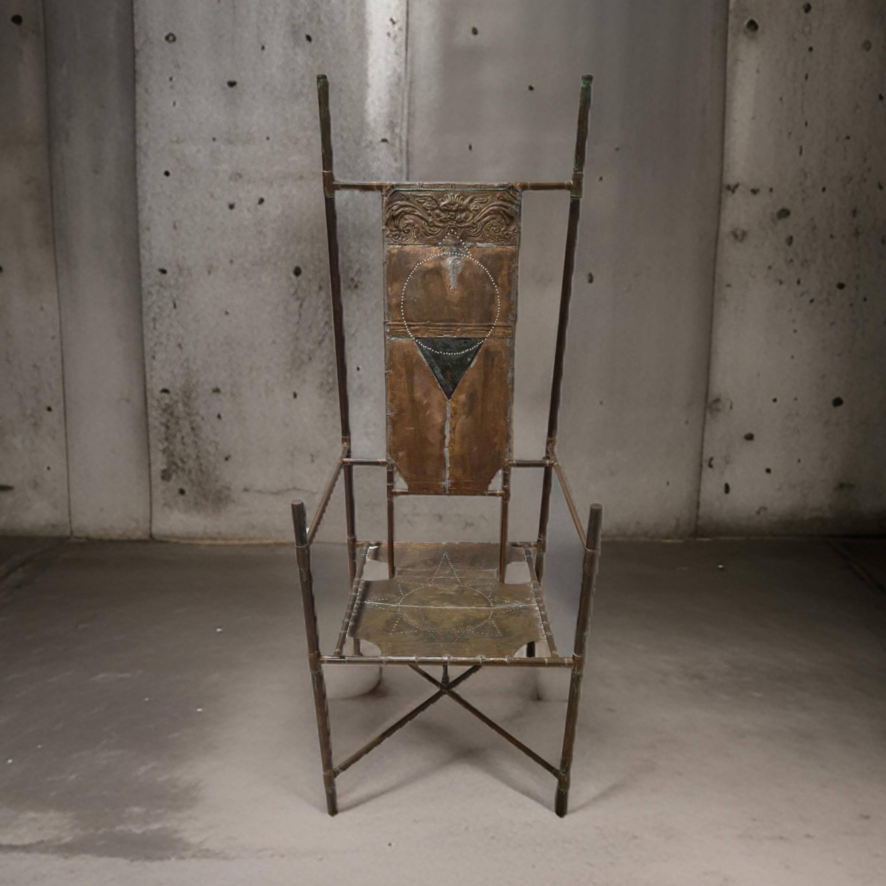 Copper and brass throne chair by Cor de Ree, Netherlands 1990