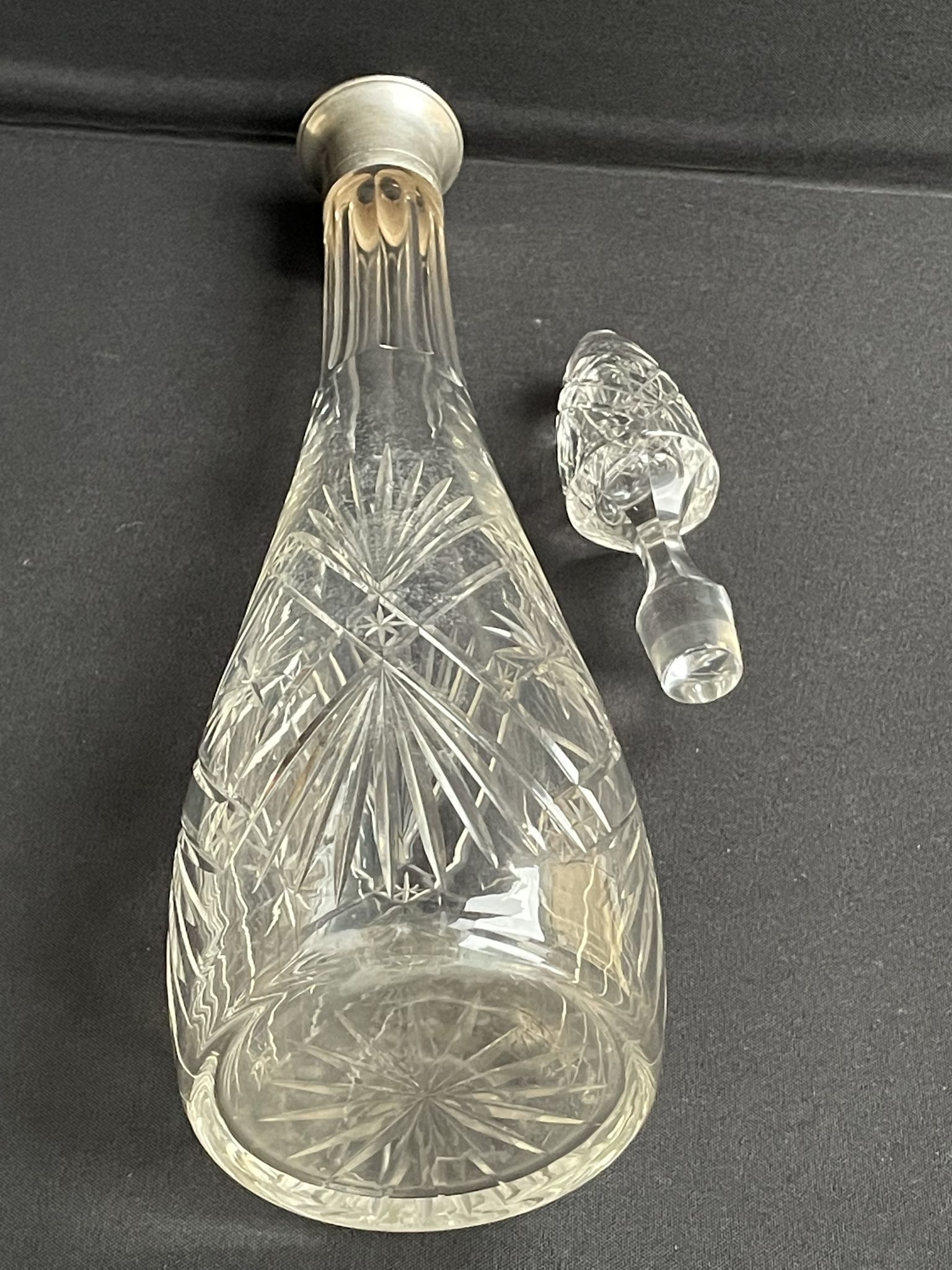 Blown crystal decanter, cut and silver collar