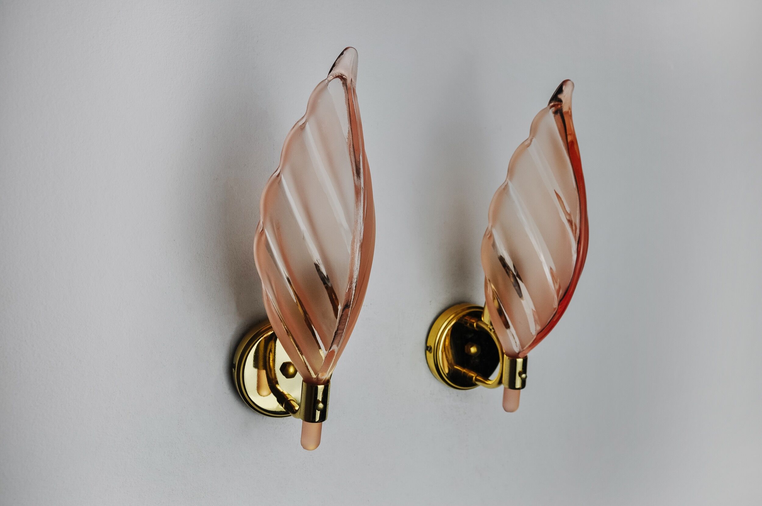 Pair of pink leaf sconces, mazzega murano, italy 1970