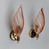 Pair of pink leaf sconces, mazzega murano, italy 1970