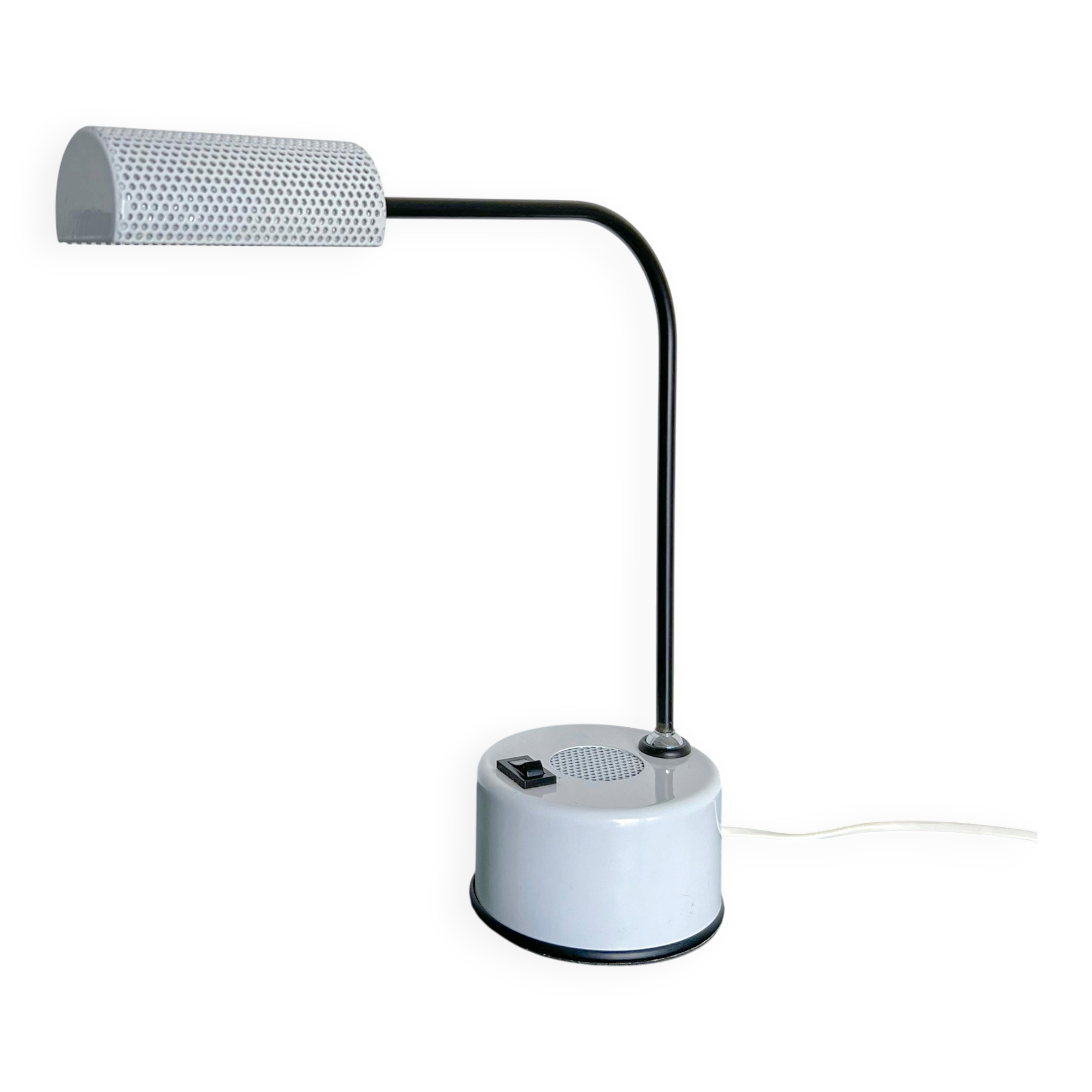 Vintage Italian Memphis Era Desk Lamp in White Perforated Metal, Orientable Arm