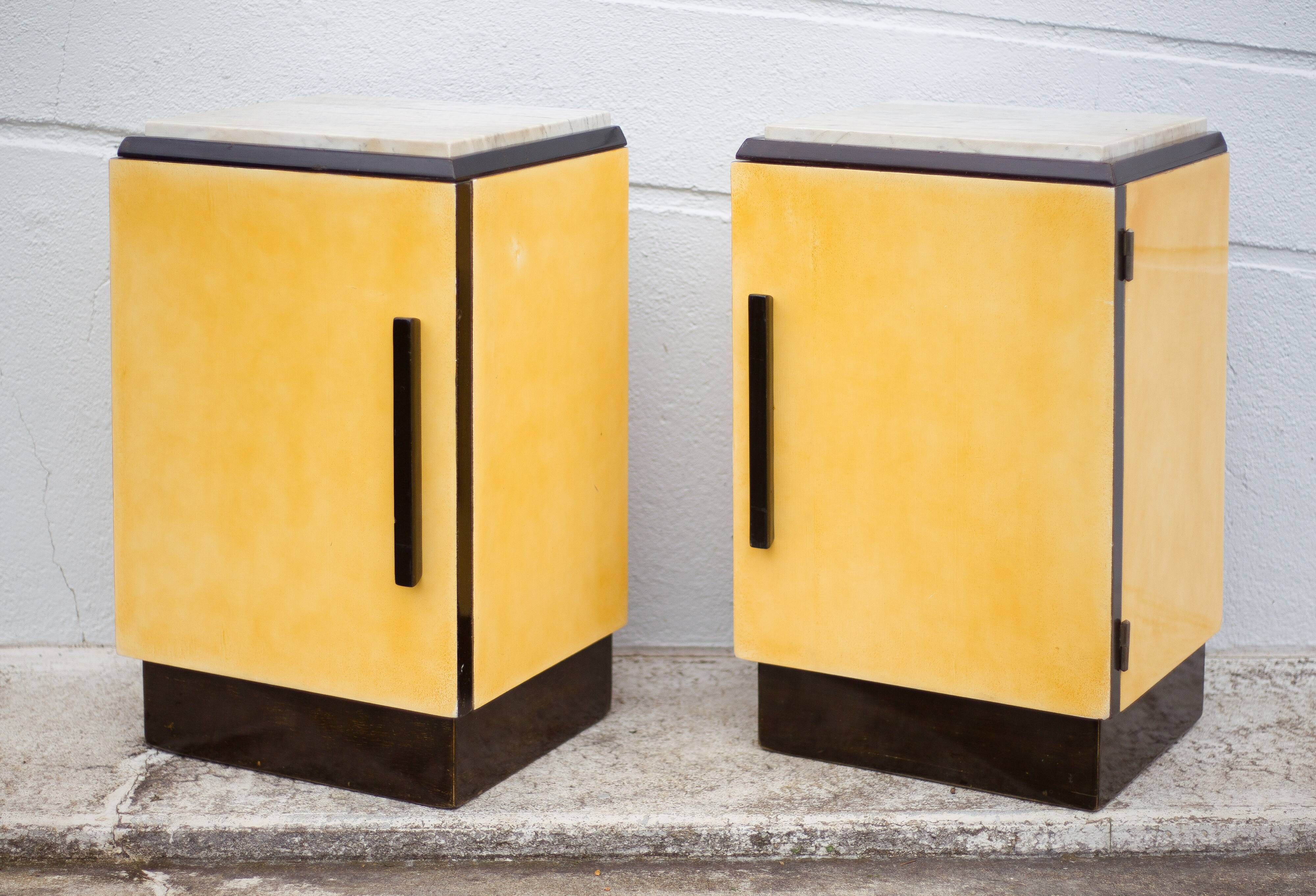 Pair of lacquered wood nightstands with brand plate, vintage bedside table, bedroom furniture