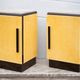Pair of lacquered wood nightstands with brand plate, vintage bedside table, bedroom furniture
