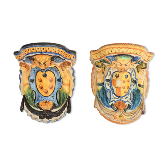 Pair of wall consoles in polychrome majolica earthenware